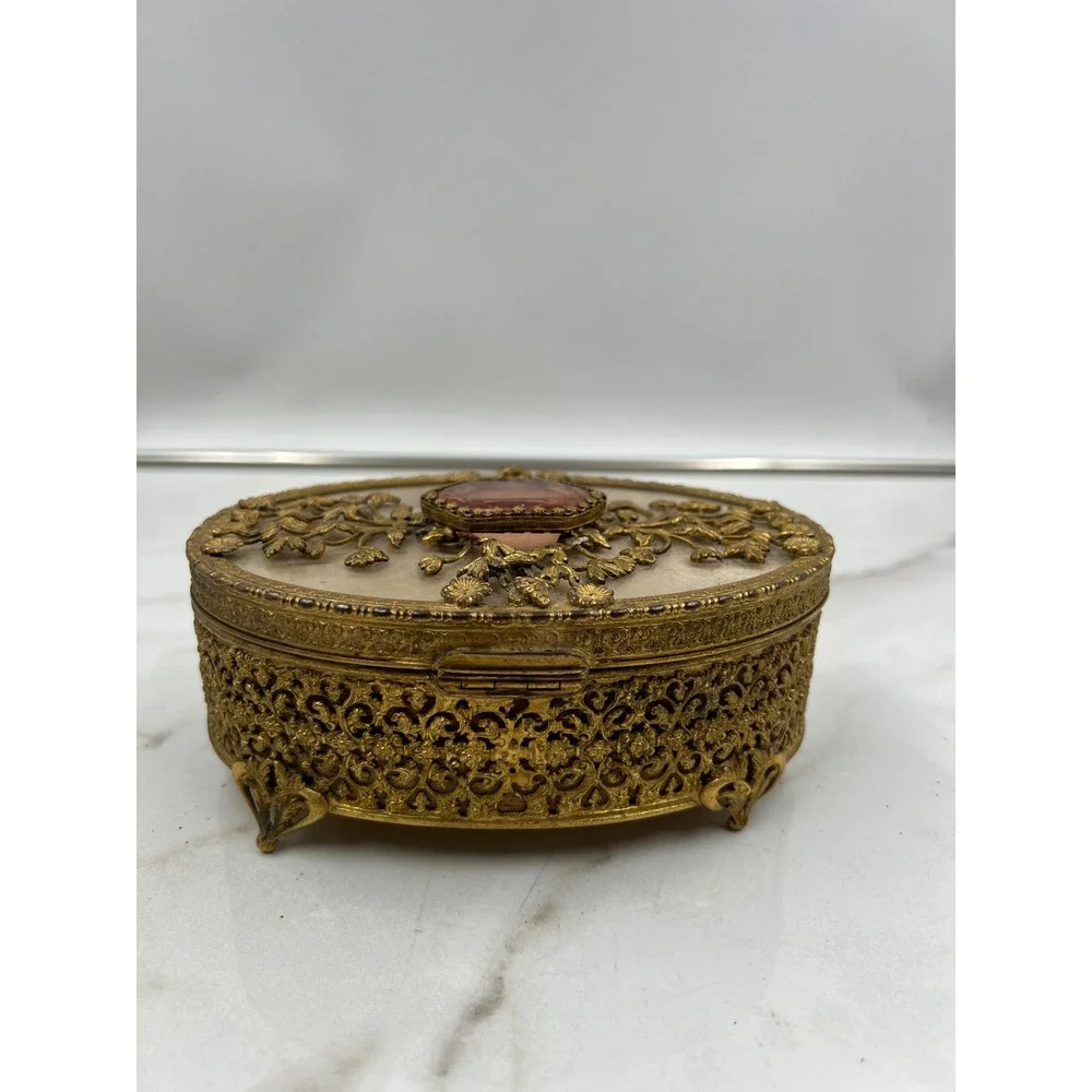 Vintage Filigree Amber Glass Jeweled Top Jewelry Trinket Box Display Case